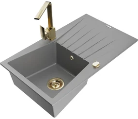 Mexen Cesar, granitový drez 775x470x190 mm, 1-komorový, šedá so zlatým sifónom a zlatá drezová batéria Rita, 6514-71-670300-50