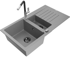 Mexen Matias, 1,5-komorový granitový drez 900x505x200 mm a drezová batéria Flora, šedá, 6502-71-670401-07-B