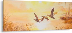 Obraz - Žeriavy pri západe slnka (120x50 cm)