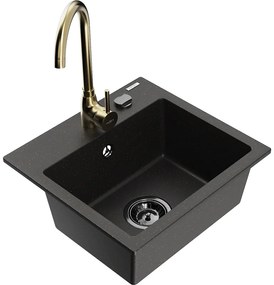 Mexen Milo, 1-komorový granitový drez 435x410x171 mm a zlatá batéria Telma, čierna-zlatá metalíza, 6505-75-670200-50-B