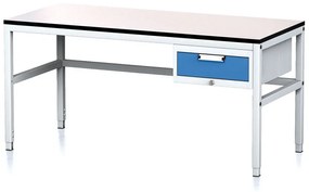 Nastaviteľný dielenský stôl MECHANIC II, 1 zásuvkový box na náradie, 1600x700x745-985 mm, sivá/modrá