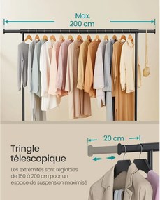 Stojan na oblečenie na kolieskach, extra dlhý, prenosný, čierny