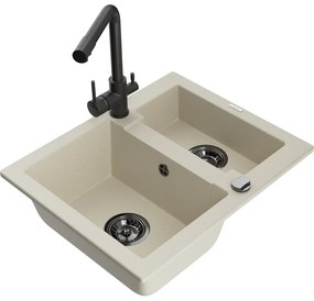 Mexen Carlos, 1,5-komorový granitový drez 582x475x177 mm a drezová batéria Duero, béžová, 6518-69-671600-70