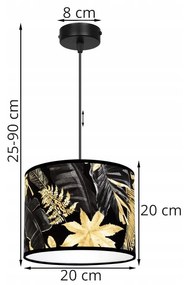 Závesné svietidlo Gold Flowers, 1x čierne textilné tienidlo s kvetinovým vzorom