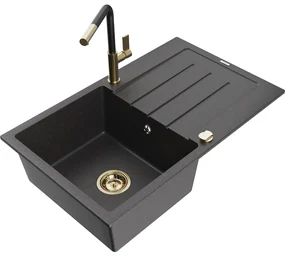 Mexen Bruno, 1-komorový granitový drez 795x495x200 mm a drezová batéria Flora, čierna škvrnitá, 6513-76-670401-57-G