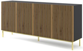 Komoda F 3D3S 200 Rowanna (čierna + dub artisan + zlatá). Akcia -20%. Vlastná spoľahlivá doprava až k Vám domov. 1125072
