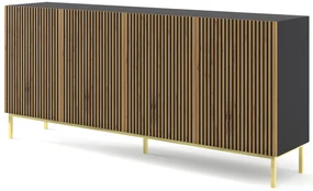 Komoda F 3D3S 200 Rowanna (čierna + dub artisan + zlatá). Akcia -20%. Vlastná spoľahlivá doprava až k Vám domov. 1125072