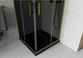 Mexen Rio, štvorcový sprchovací kút s posuvnými dverami 80(dvere) x 80(dvere) x 190 cm, 6mm šedé sklo, zlatý profil + čierna sprchová vanička SLIM, 860-080-080-50-40-4070G