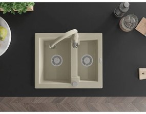 Mexen Carlos, 1,5-komorový granitový drez 582x475x177 mm a drezová batéria Savita, béžová, 6518-69-672601-69