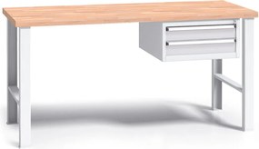 Pracovný stôl do dielne G3 so závesným boxom na náradie, buková škárovka, 2 zásuvky, pevné kovové nohy, 1500 mm, sivá