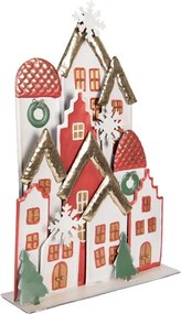 Bielo-červená kovová dekorácia domčeky so snehovými vločkami - 30*8*46 cm