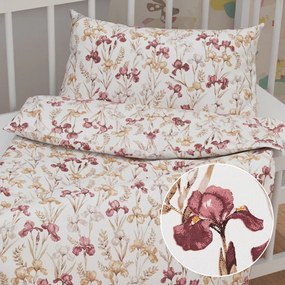 Biante Detské bavlnené posteľné obliečky do postieľky Sandra SA-636 Vínovo-béžové kosatce na bielom Do postieľky 90x140 a 40x60 cm