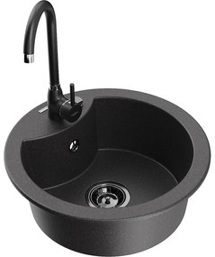 Mexen Diego, 1-komorový granitový drez 488x488x167 mm, čierny sifón, čierna matná batéria Telma, čierna škvrnitá, 6512-76-670200-70-B