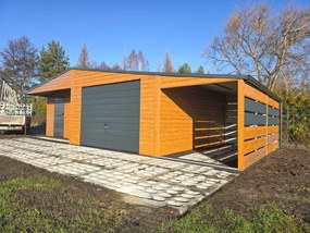 KvalitneVoliere Plechová garáž 9 x 5 m, s prístreškom a technickou miestnosťou