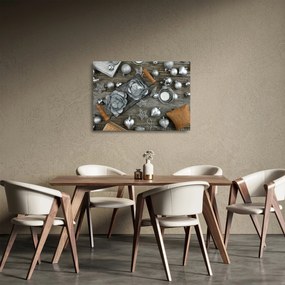 Sklenený obraz - strieborné vianočné dekorácie (70x50 cm)