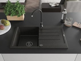Mexen Bruno, granitový drez 795x495x200 mm, 1-komorový, čierna so zlatou metalízou a čiernym sifónom, 6513791010-75-B