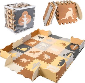 KIK Penová puzzle podložka a ohrádka pre deti, dinosaury, hnedá, 143 x 143 cm