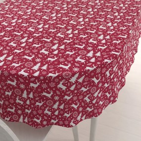 Biante Zamatový oválny obrus Tamara TMR-045 Vianočné jelene a stromčeky na červenom 140x160 cm