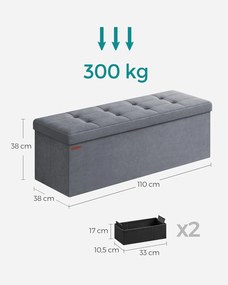 Skladací Puff Úložný Box 38 x 110 x 38 cm, 300 kg nosnosť, šedý