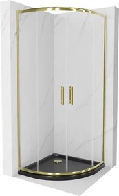 Mexen Rio, štvrťkruhový sprchovací kút s posuvnými dverami 80(dvere) x 80(dvere) x 190 cm, 6mm číre sklo, zlatý profil + čierna sprchová vanička SLIM, 863-080-080-50-00-4170G