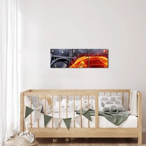 Obraz plamenného autá (s hodinami) (90x30 cm)