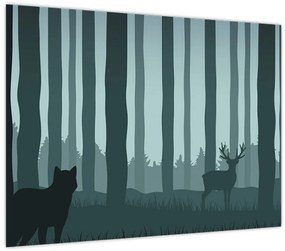 Sklenený obraz - Jeleň s vlkom v skalách (70x50 cm)