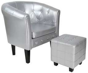 Klubové kreslo s taburetom Chesterfield, strieborné