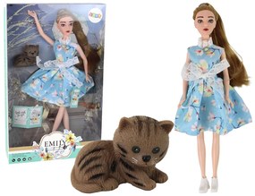 Lean Toys Bábika Emily v modrých šatách s mačiatkom
