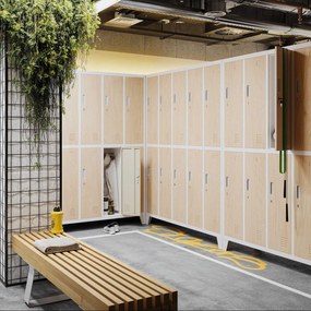 Kovová šatňová boxová skriňa na nôžkach s 10 boxami BARTEK, 1360 x 1720 x 450 mm, Eco Design: biela/ dub sonoma