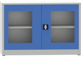 Kovona Zváraná policová skriňa s presklenými dverami, 800 x 1200 x 400 mm, sivá/modrá