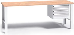 Pracovný stôl do dielne G3 so závesným boxom na náradie, buková škárovka, 4 zásuvky, pevné kovové nohy, 2000 mm, sivá