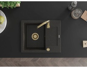 Mexen Enzo, granitový drez 576x465x174 mm, 1-komorový, čierna-zlatá metalíza so zlatým sifónom, 6506571005-75-G