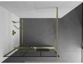 Mexen Kioto+, sprchová zástena Walk-In s poličkou a vešiakom 100 x 200 cm, 8mm číre sklo čierny vzor, zlatý matný profil, 800-100-121-55-77