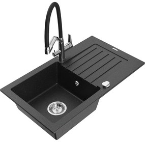 Mexen Pablo, granitový drez 752x436x161 mm, 1-komorový a drezová batéria Duo, čierna-strieborná metalíza, 6510-73-671701-07