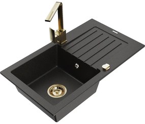 Mexen Pablo, granitový drez 752x436x161 mm, 1-komorový a zlatá batéria Rita, čierna-zlatá metalíza, 6510-75-670300-50
