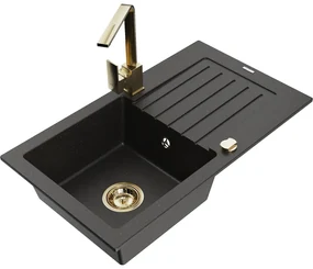 Mexen Pablo, granitový drez 752x436x161 mm, 1-komorový a zlatá batéria Rita, čierna-zlatá metalíza, 6510-75-670300-50