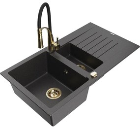 Mexen Matias, granitový drez 900x505x200 mm, 1,5-komorový a drezová batéria Aster, čierna škvrnitá, 6502-76-73450-57-G