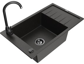 Mexen Elias, 1-komorový granitový drez s odkvapkávačom 795x480x200 mm a čierna matná kuchynská batéria Telma, čierna-zlatá metalíza, 6511-75-670200-70-B