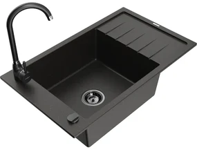 Mexen Elias, 1-komorový granitový drez s odkvapkávačom 795x480x200 mm a čierna matná kuchynská batéria Telma, čierna-zlatá metalíza, 6511-75-670200-70-B