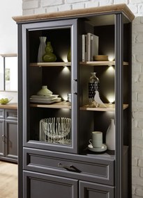 Široká vitrína Jasmin, grafit/dub, s osvetlením