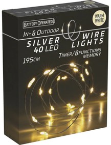 Svetelný drôt s časovačom Silver Wire, 40 LED, teplá biela, 195 cm