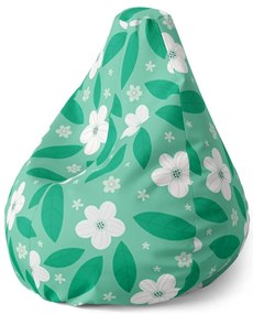 Sedací vak Pear biele kvety s lístkami - detský, zelená