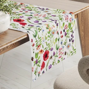 Biante Bavlnený behúň na stôl Sandra SA-608 Červeno-fialové lúčne kvety s motýlikmi a čmeliakmi na bielom 35x120 cm