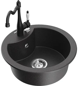 Mexen Diego, granitový drez 488x488x167 mm, 1-komorový a drezová batéria Carla, čierna škvrnitá, 6512-76-670700-70