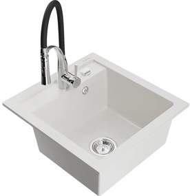 Mexen Vito, 1-komorový granitový drez 490x520x210 mm a drezová batéria Aster, biela, 6503-20-73450-07