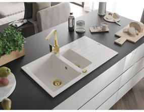 Mexen Matias, granitový drez 900x505x200 mm, 1,5-komorový a zlatá batéria Rita, biela, 6502-20-670300-50