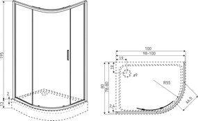 Novoterm Asymetrický sprchový kút NV-Solid RPA BL 80x100, čierny/transparent - bez vaničky