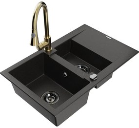 Mexen Gaspar, 1,5-komorový granitový drez 737x475x177 mm a drezová batéria Elia, čierna-zlatá metalíza, 6507-75-670101-50-B