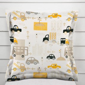 Biante Detská bavlnená obliečka na vankúš s lemom Sandra SA-672 Žlté a sivohnedé autá v meste na bielom 40 x 60 cm