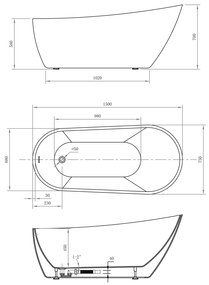 Aqualine Aqualine, TISA voľne stojaca vaňa 150x75 cm, biela, E1575